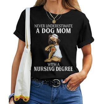 Never Underestimate A Dog Mom Who With A Nursing Degree Women T-shirt | Mazezy