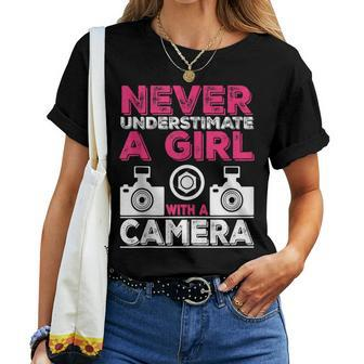 Never Underestimate A Girl With A Camera Girl Photographer Women T-shirt - Monsterry