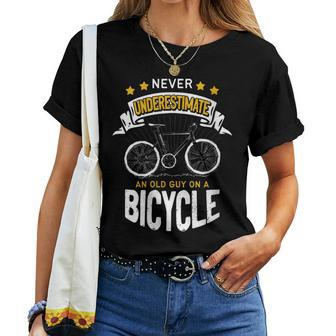 Never Underestimate An Old Guy On Bicycle Bike Cycling Retro Women T-shirt - Seseable