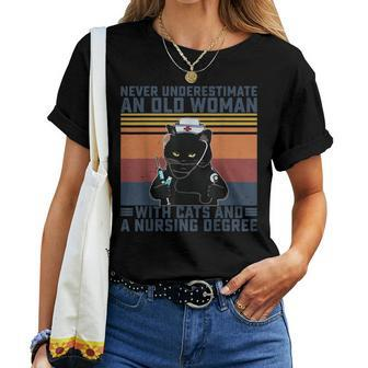 Never Underestimate An Old Woman With Cats & A Nursing Degre Women T-shirt - Thegiftio UK