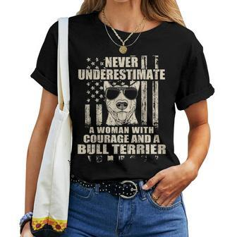 Never Underestimate Woman And A Bull Terrier Usa Flag Women T-shirt - Thegiftio UK