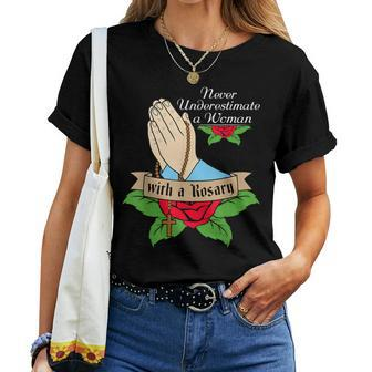 Never Underestimate A Woman With A Rosary Catholic Girl Women T-shirt | Mazezy UK