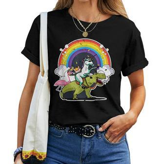 Unicorn Riding T Rex With A Cat Flamingo And A Rainbow Women T-shirt Crewneck | Mazezy