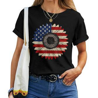 Us Flag Vintage Sunflower Leopard Patriotic 4Th Of July Girl Women T-shirt | Mazezy