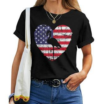 Usa Flag Heart Graphic 4Th Of July Flamingo American Flag Women T-shirt | Mazezy