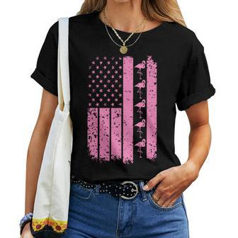 Vintage American Flag Pink Flamingo Usa Women T-shirt Crewneck | Mazezy