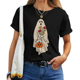 Vintage Floral Ghost Halloween Graphic Halloween Women T-shirt | Mazezy