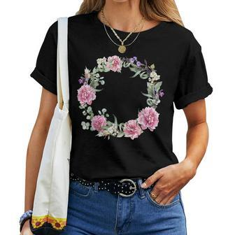 Vintage Flower Floral Botanical Rose Green Peony Ring Circle Women T-shirt | Mazezy