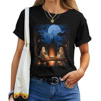 Vintage Ghost Book Reading Camping Forest Halloween Teachers Women T-shirt | Mazezy
