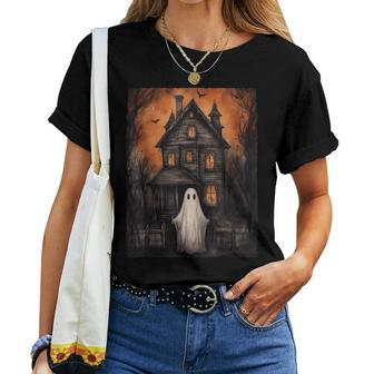 Vintage Ghost Haunted House Halloween Ghost House Midnight Women T-shirt - Seseable