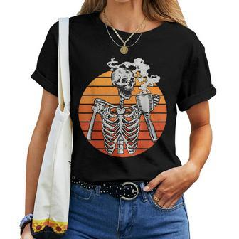 Vintage Halloween Coffee Drinking Skeleton Skull Men Women Drinking s Women T-shirt Crewneck | Mazezy