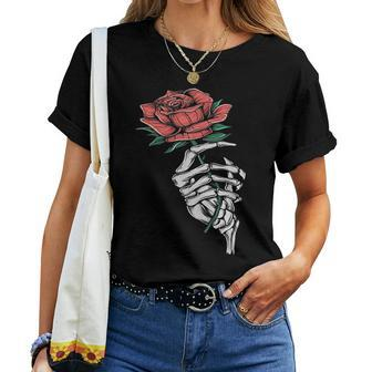 Vintage Halloween Skeleton Hand With A Rose Flower Halloween Women T-shirt | Mazezy