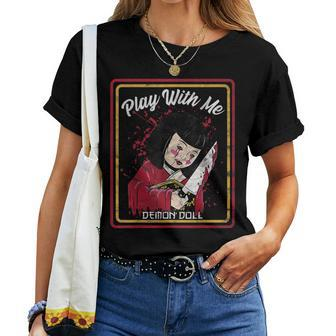 Vintage Horror Play With Me Haunted Ichimatsu Doll Haunted Women T-shirt | Mazezy