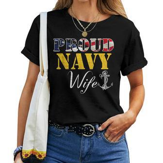 Vintage Proud Navy With American Flag For Wife Women T-shirt | Mazezy