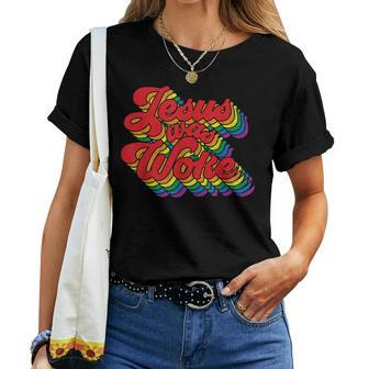 Vintage Retro Christian Ally Pride Rainbow Jesus Was Woke Women T-shirt - Seseable