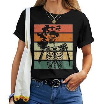 Vintage Skeleton Drinking Coffee Halloween Drinking s Women T-shirt Crewneck | Mazezy