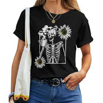 Vintage Skeleton Sunflower Picture Smiling Skull With Coffee For Coffee Lovers Women T-shirt | Mazezy