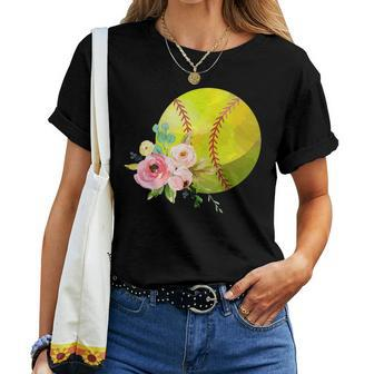 Watercolor Softball Boho Floral Softball Mom Women T-shirt | Mazezy