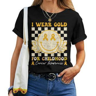 I Wear Gold For Childhood Cancer Awareness Smile Face Groovy Women T-shirt | Mazezy