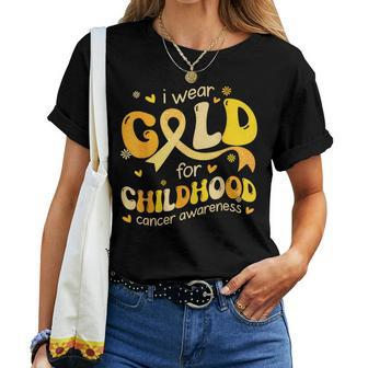 I Wear Gold Childhood Cancer Awareness Support Retro Groovy Women T-shirt | Mazezy