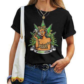 Weed Mom Leopard Messy Bun Marijuana Cannabis Women T-shirt | Mazezy