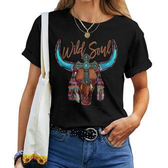 Western Boho Serape Cow Bull Skull Wild Soul Faith Cross Faith Women T-shirt Crewneck | Mazezy