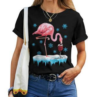 Wine Lovers Pink Flamingo Graphic Christmas Party Cute Women T-shirt Crewneck | Mazezy