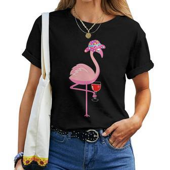 Wine Lovers Pink Flamingo Drinking - Flamingo Women T-shirt Crewneck | Mazezy