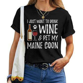 Wine And Maine Coon Cat Mom Or Cat Dad Idea Women T-shirt - Seseable