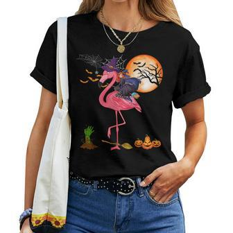 Witch Riding Flamingo Halloween Horror Carved Pumpkins Halloween Women T-shirt | Mazezy