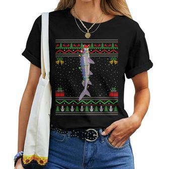 Xmas Lights Ugly Sweater Style Santa Sturgeon Fish Christmas Women T-shirt | Seseable CA