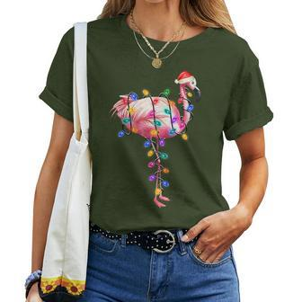 Christmas Flamingo Christmas Lights Santa Hat Elf Women T-shirt - Seseable
