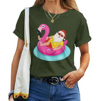 Christmas In July Santa Relaxing On A Flamingo Float Women T-shirt - Monsterry DE