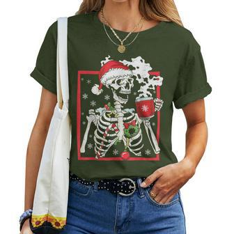 Christmas Skeleton With Smiling Skull Drinking Coffee Latte Women T-shirt | Mazezy