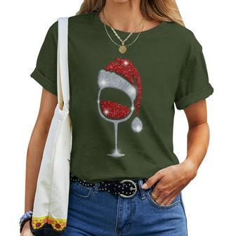 Christmas Wine Xmas Red Wine Glass Santa Pajamas Pj Women T-shirt | Mazezy