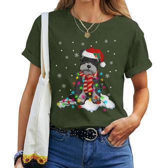 Cute Schnauzer Christmas Lights With Santa Hat Dog Dad Mom Women T-shirt - Thegiftio UK