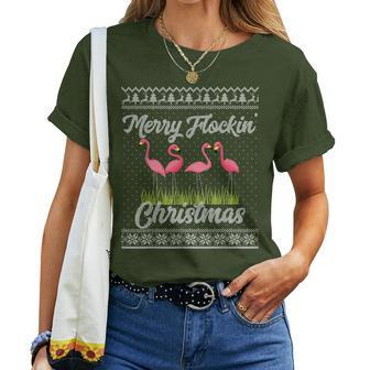 Flamingo Christmas Pun Merry Flockin Holiday Party Women T-shirt - Monsterry