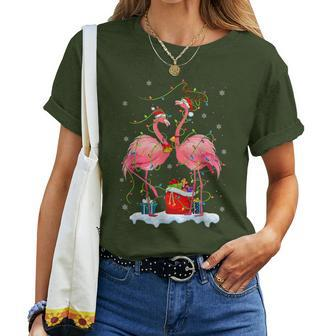Flamingo Christmas Tree Lights Matching For Couples Women T-shirt - Thegiftio
