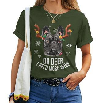 Christmas Black French Bulldog Deer Antlers Wine Lover Women T-shirt | Mazezy