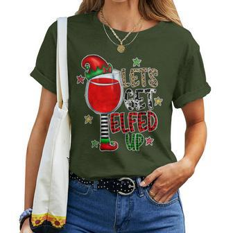 Elf Wine Drinking Christmas Let's Get Elfed Up Pajamas Women T-shirt | Mazezy