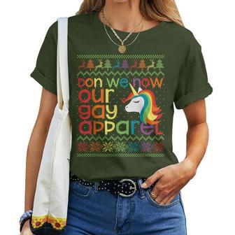 Gay Christmas Rainbow Unicorn Don We Now Our Gay Apparel Women T-shirt | Mazezy