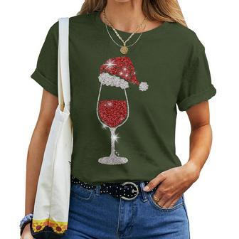 Glass Red Wine Santas Hat Xmas Clothes Pjs Outfit Christmas Women T-shirt | Mazezy