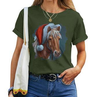 Horse Wearing Santa Claus Hat Horseback Riding Christmas Women T-shirt - Monsterry