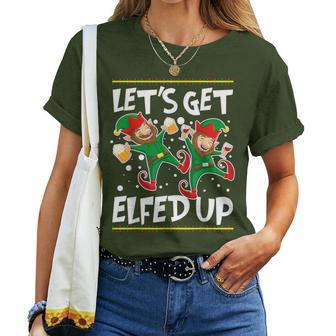 Let's Get Elfed Up Christmas Elves Beer & Wine Women T-shirt | Mazezy