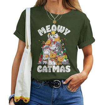Meowy Catmas Cat Christmas Tree Xmas Girls Boys Santa Short Sleeve Women T-shirt - Seseable