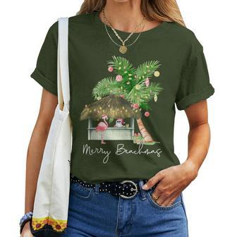 Merry Beachmas Tropical Christmas Santa Flamingo Hawaii Women T-shirt | Mazezy