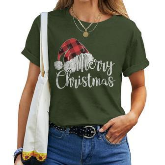 Merry Christmas Cute Plaid Santas Hat Xmas Women T-shirt - Seseable