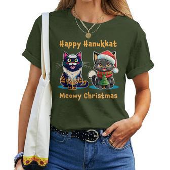 Merry Christmas Happy Hanukkah Jewish Christian Cat Lovers Women T-shirt - Thegiftio UK