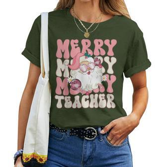 Merry Teacher Christmas Retro Wavy Pink Teacher Women T-shirt | Mazezy