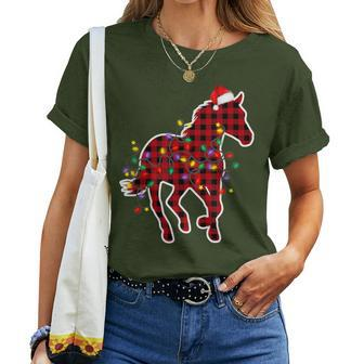 Red Buffalo Plaid Horse Christmas Pajamas Xmas Lights Family Women T-shirt - Thegiftio UK